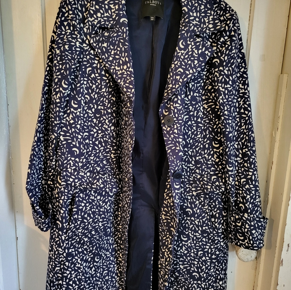 Talbots navy floral trench coat
